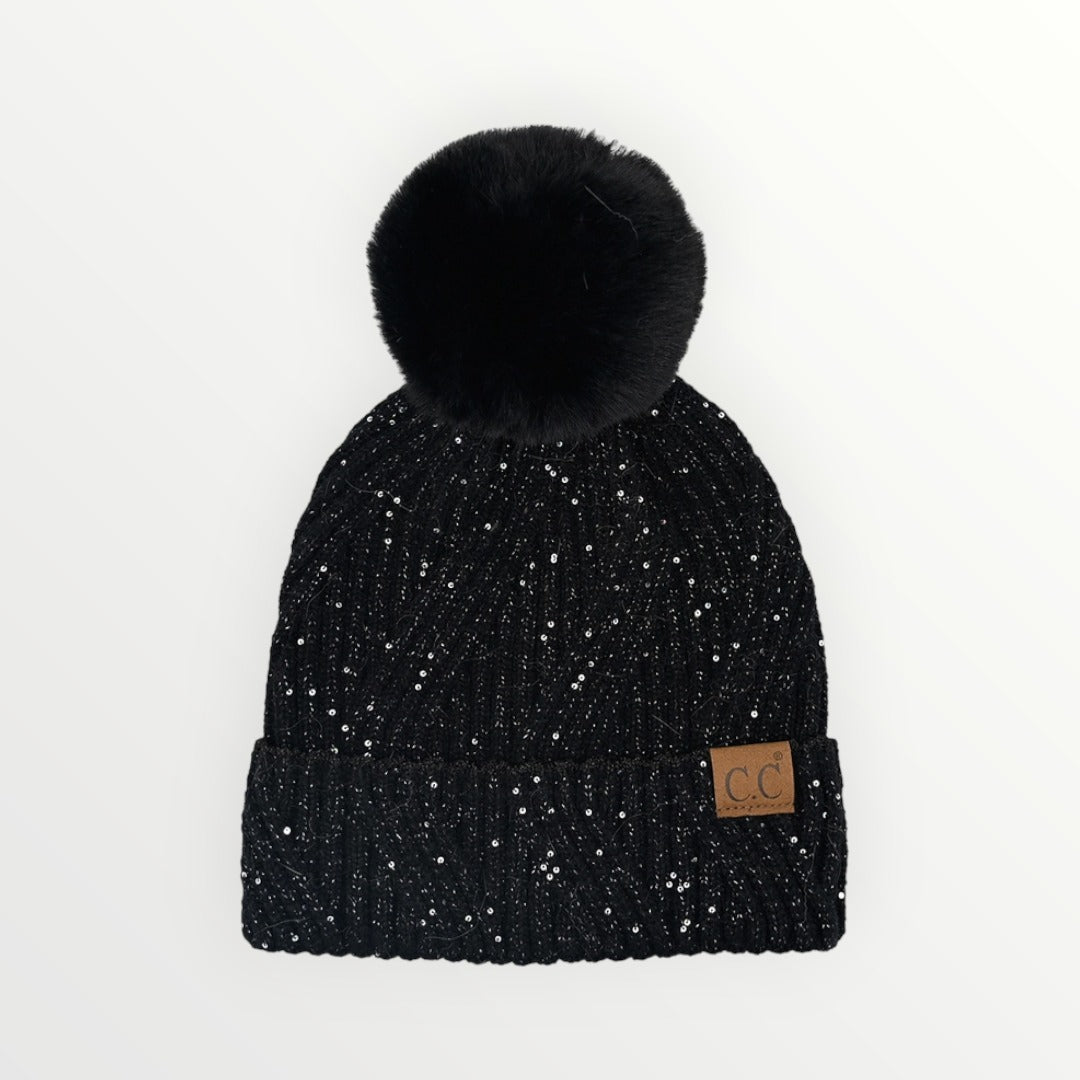 C.C Sequin with Pom Beanie Hat-3 Colors Available