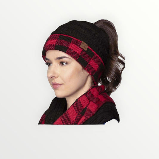 C.C Buffalo Check Messy Bun Ponytail Beanie