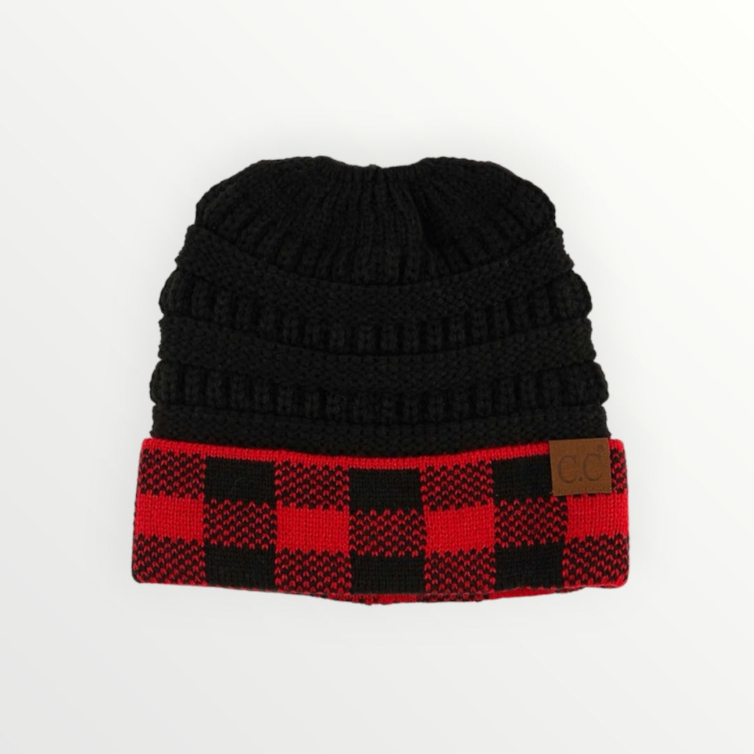 C.C Buffalo Check Messy Bun Ponytail Beanie