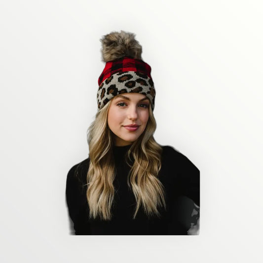 Red Buffalo Plaid Pom Hat w/ Leopard Trim-Adult or Kids