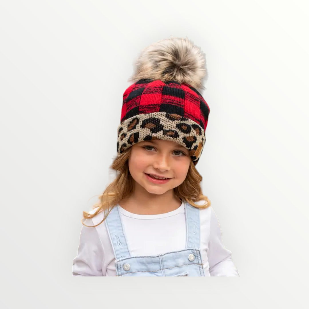 Red Buffalo Plaid Pom Hat w/ Leopard Trim-Adult or Kids